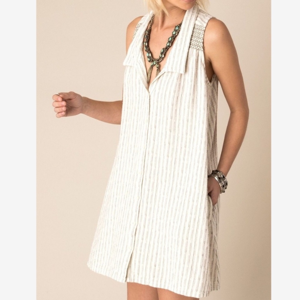 white striped sleeveless linen summer dress